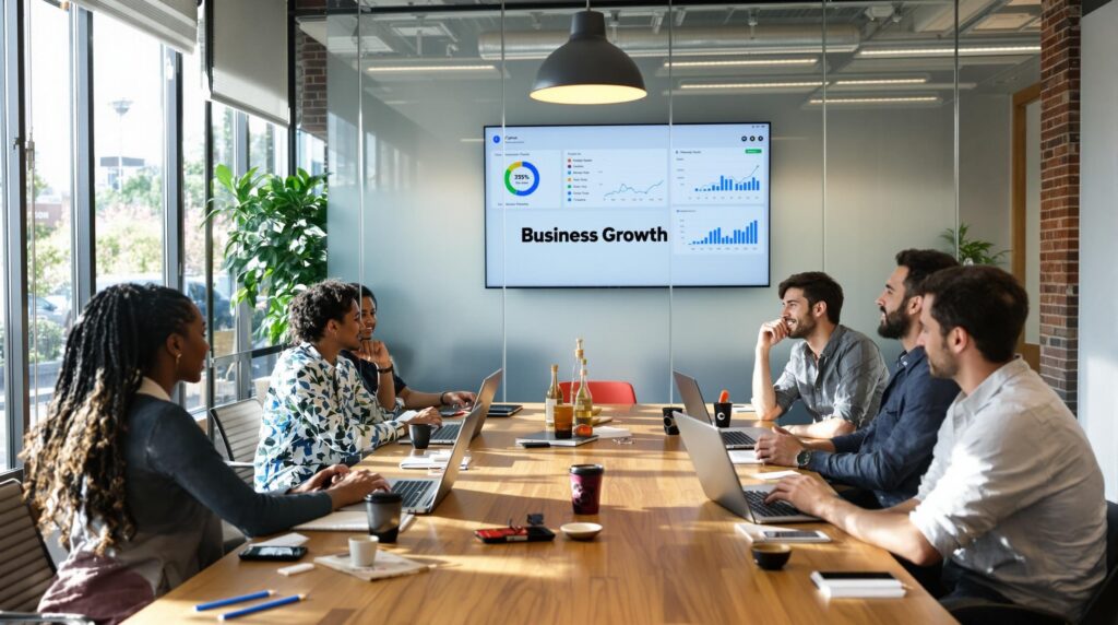 Startup team collaborates in office with social media analytics and 'Business Growth' text on glass