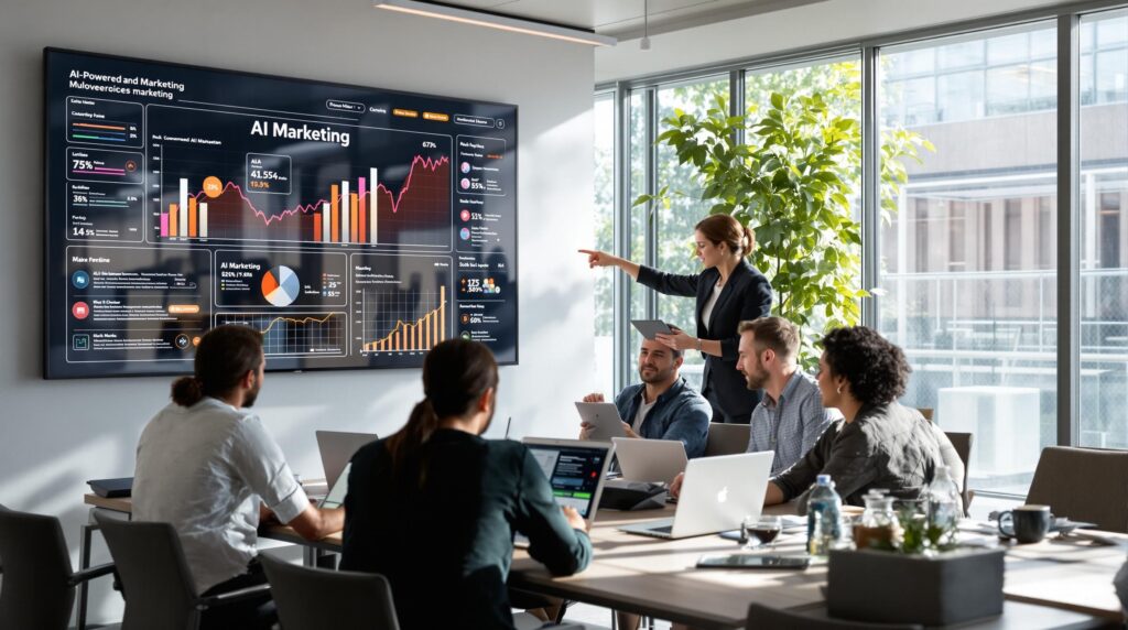 Team in office discussing AI-powered digital marketing analytics