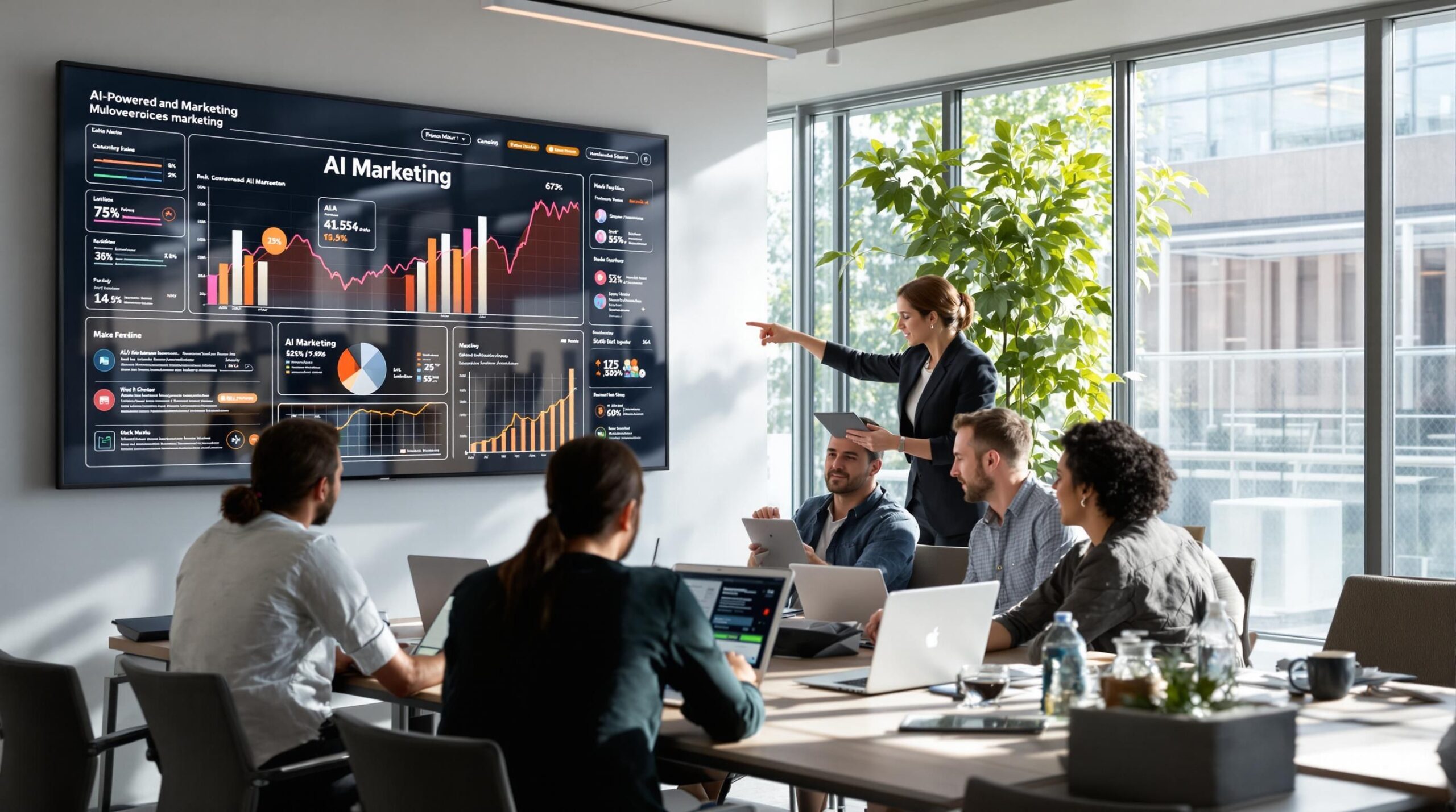 Team in office discussing AI-powered digital marketing analytics