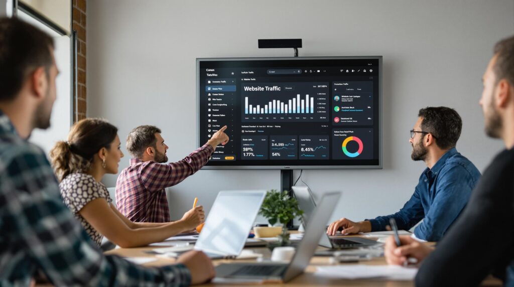 Diverse business team analyzing website traffic dashboards in office