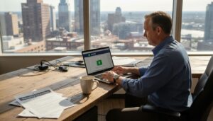 Business owner working on website security at office desk