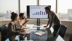 Team in 6th-floor office discussing conversion rates