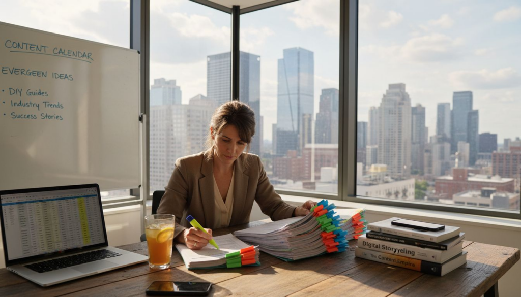 Business owner planning evergreen content in corner office