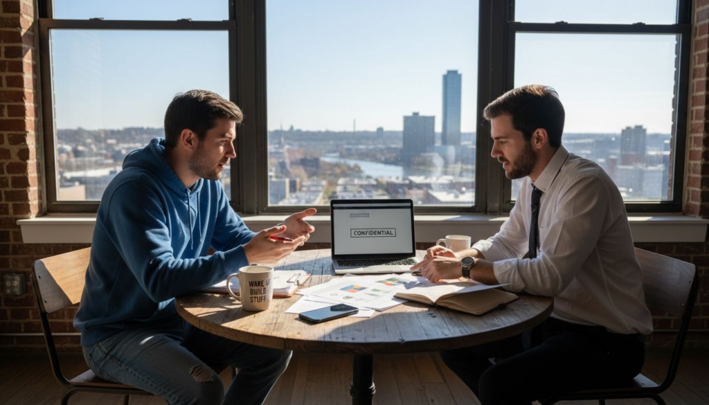 Startup founders in city office discussing branding