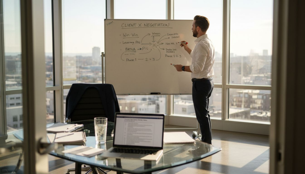 Agency owner planning negotiation at office whiteboard