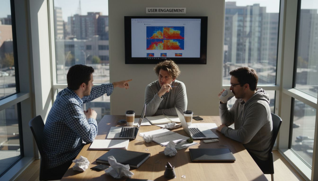 Team analyzing website heatmap on office monitor