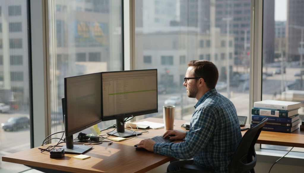 IT manager reviewing cybersecurity logs at desk