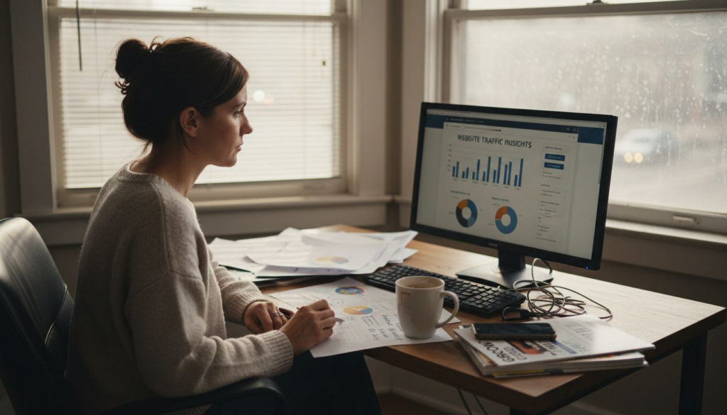 Business owner studying website analytics