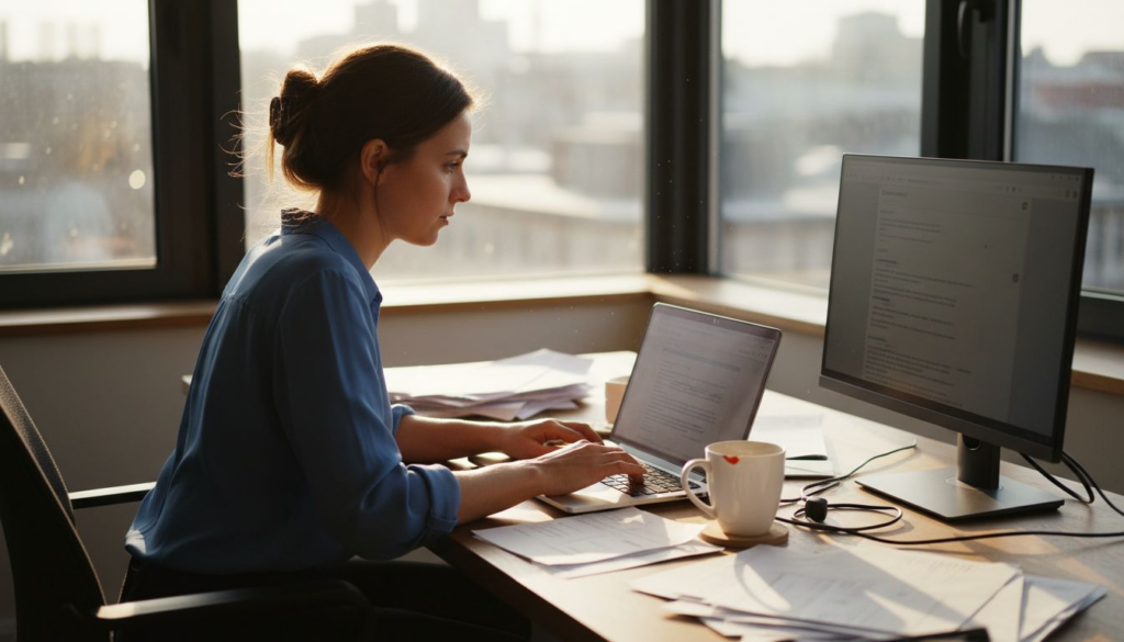 Business owner using chatbot in modern office