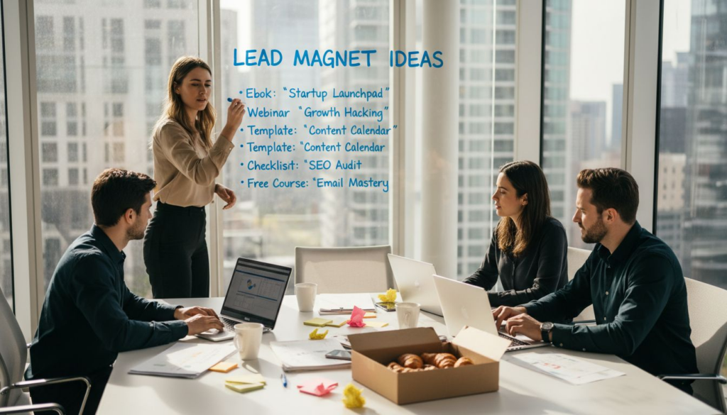 Startup team brainstorming lead magnet strategies