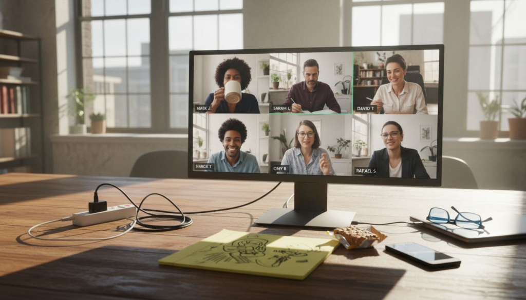 Virtual team smiling on video call in office