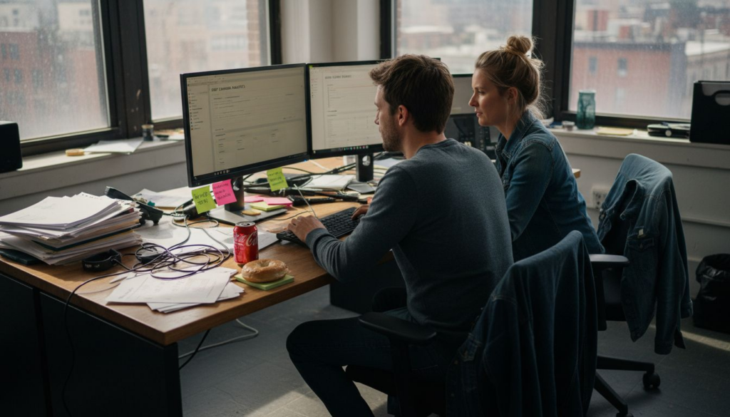 Team reviewing drip campaign results in office