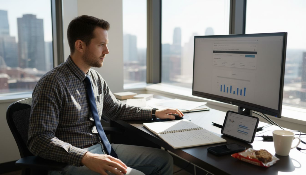 Designer reviews website analytics at desk