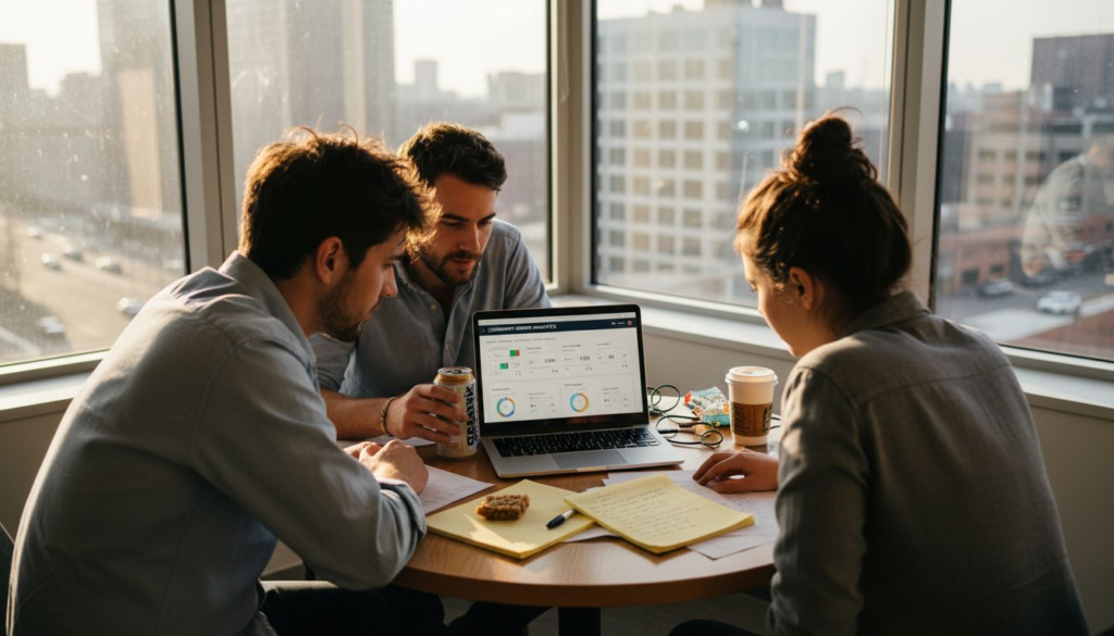 Startup founders working in bright office