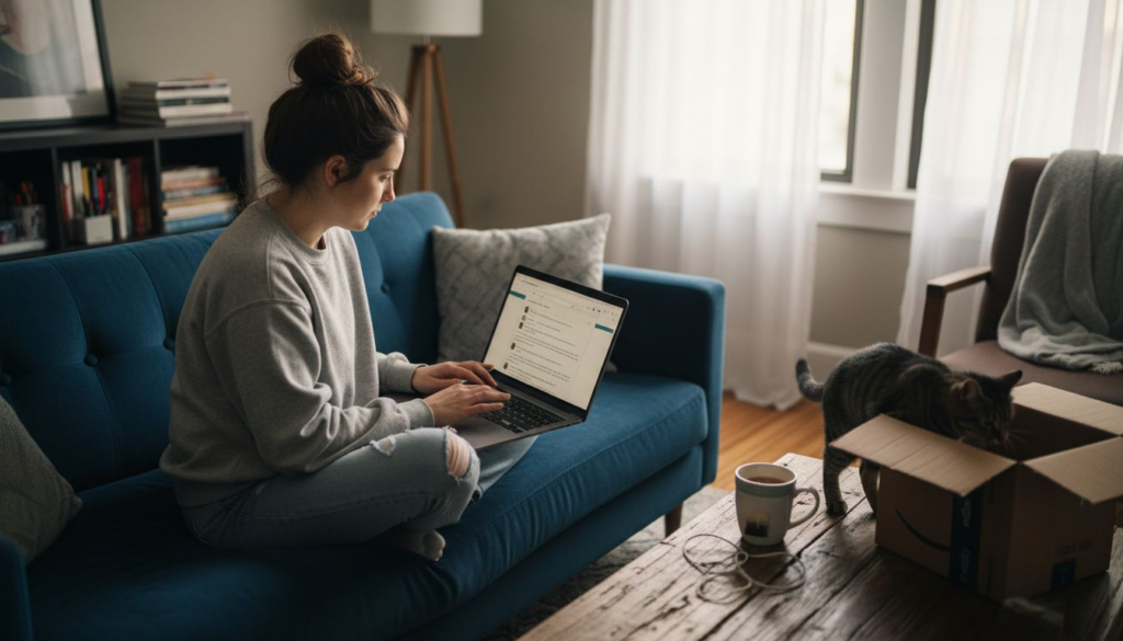 Woman reading e-commerce reviews on couch