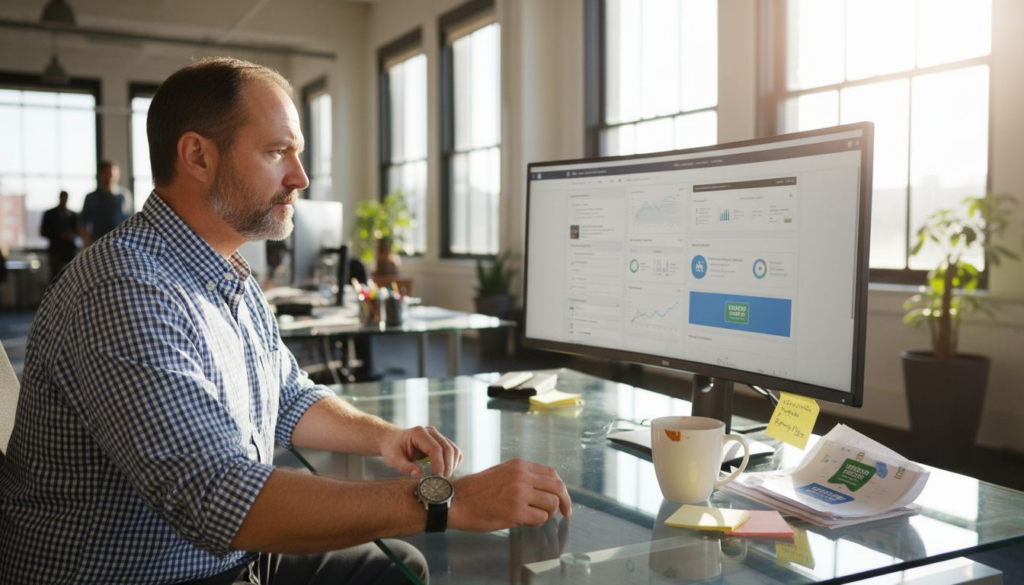 E-commerce manager reviewing trust badges analytics