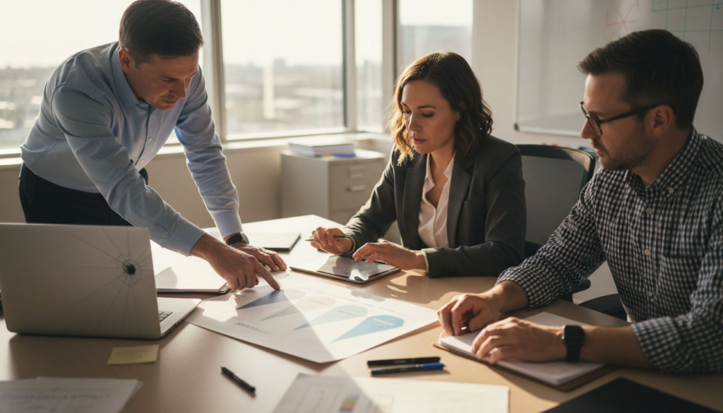 Team reviewing sales funnel diagram in office