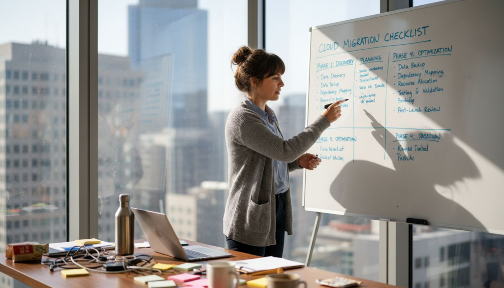 Manager planning website migration at whiteboard