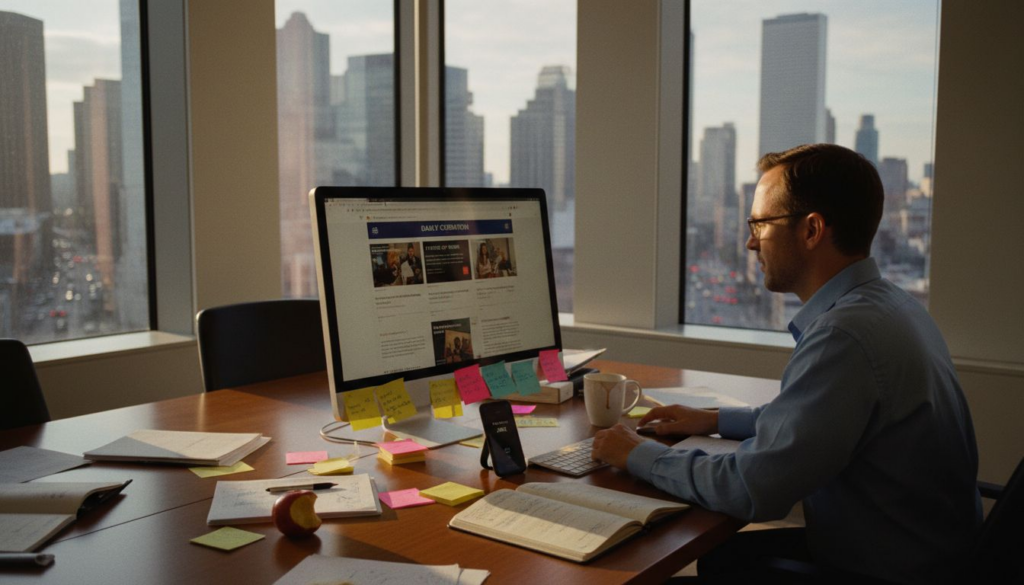 Man curating content in sunny office workspace