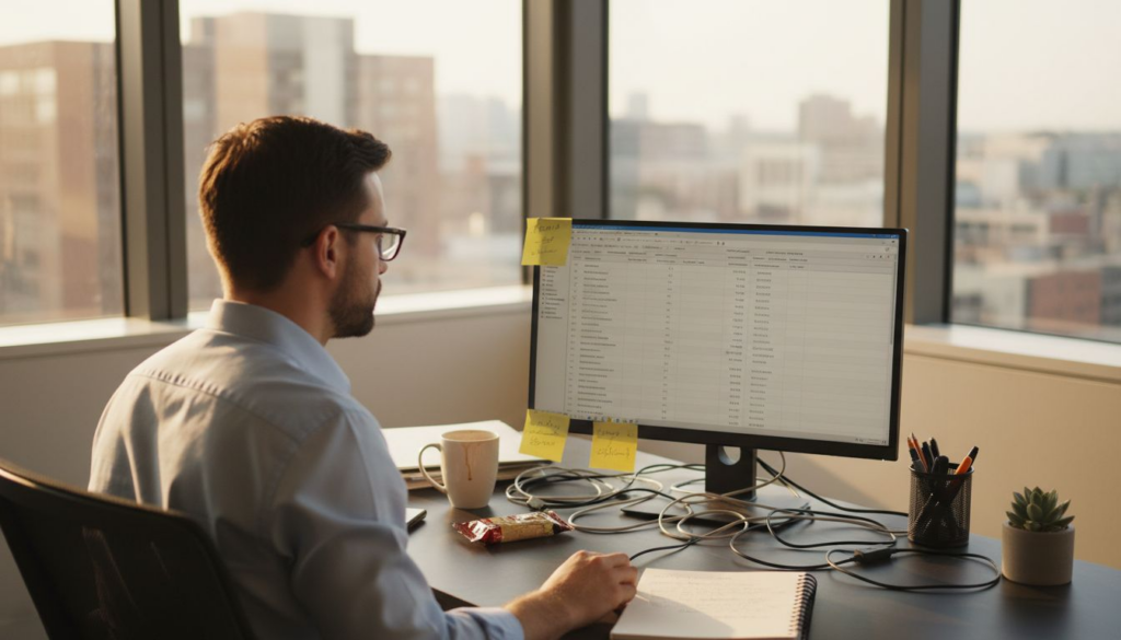 SEO analyst reviewing keywords at office desk