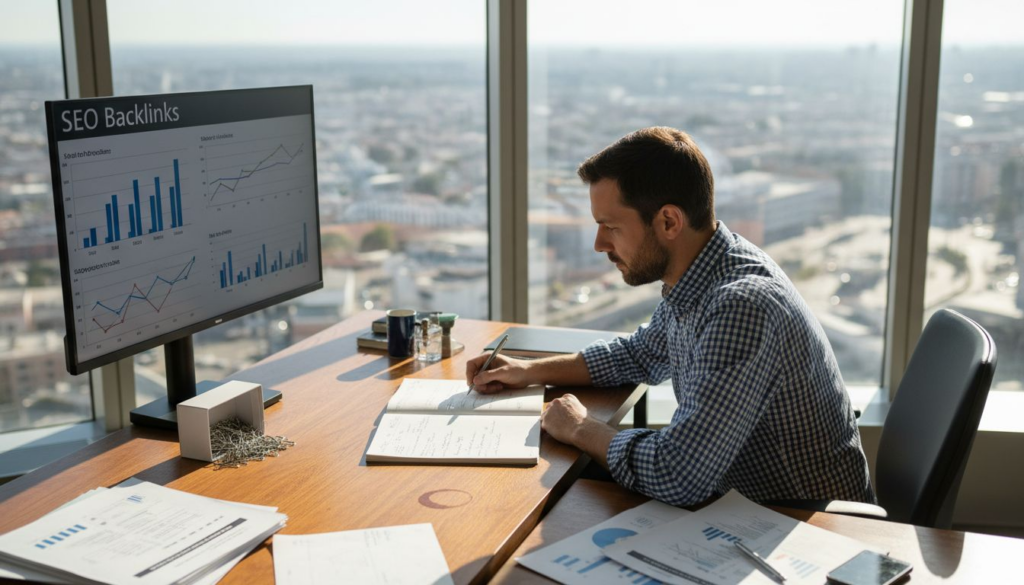 Man reviews SEO workspace with charts