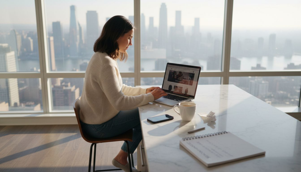 Online shopper browsing product reviews in kitchen