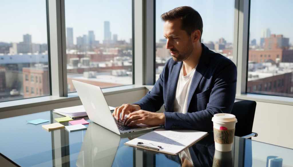 Entrepreneur working at city office desk with sunlight