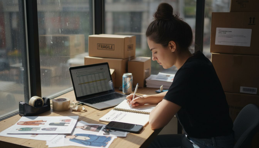 Startup founder strategizing ecommerce pricing in busy office