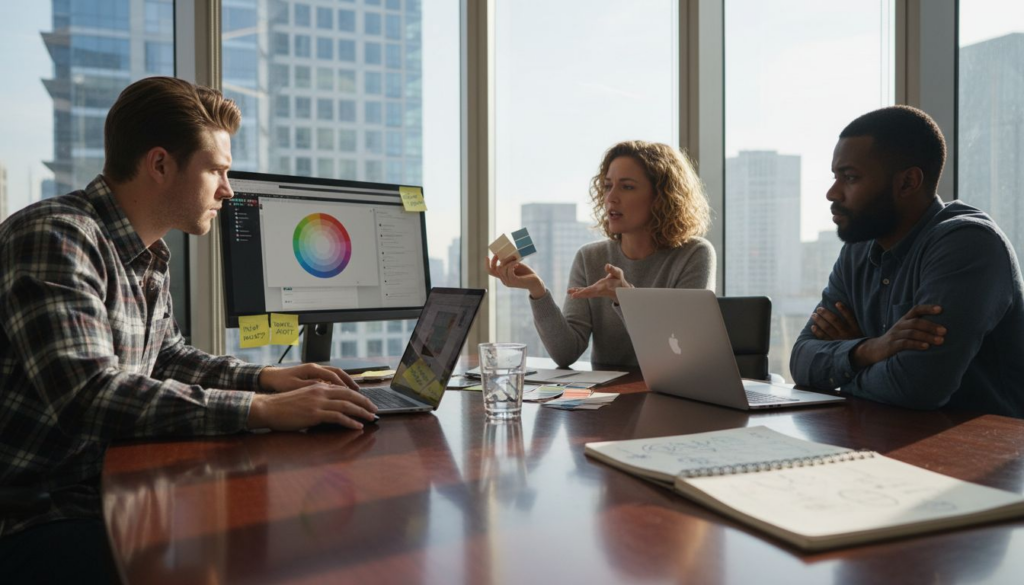 Tech design team reviewing website color palette