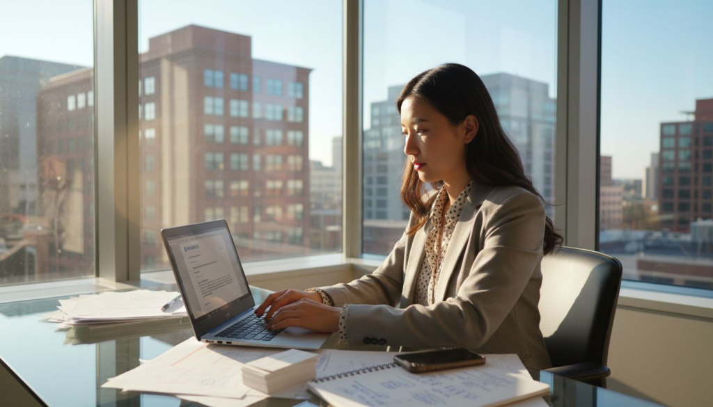 Business owner setting up branded email at desk