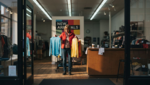 Shopper compares colored shirts in boutique