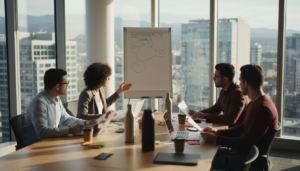 Startup team meeting on sustainability strategy