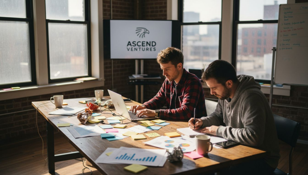 Startup founders meeting at cluttered table