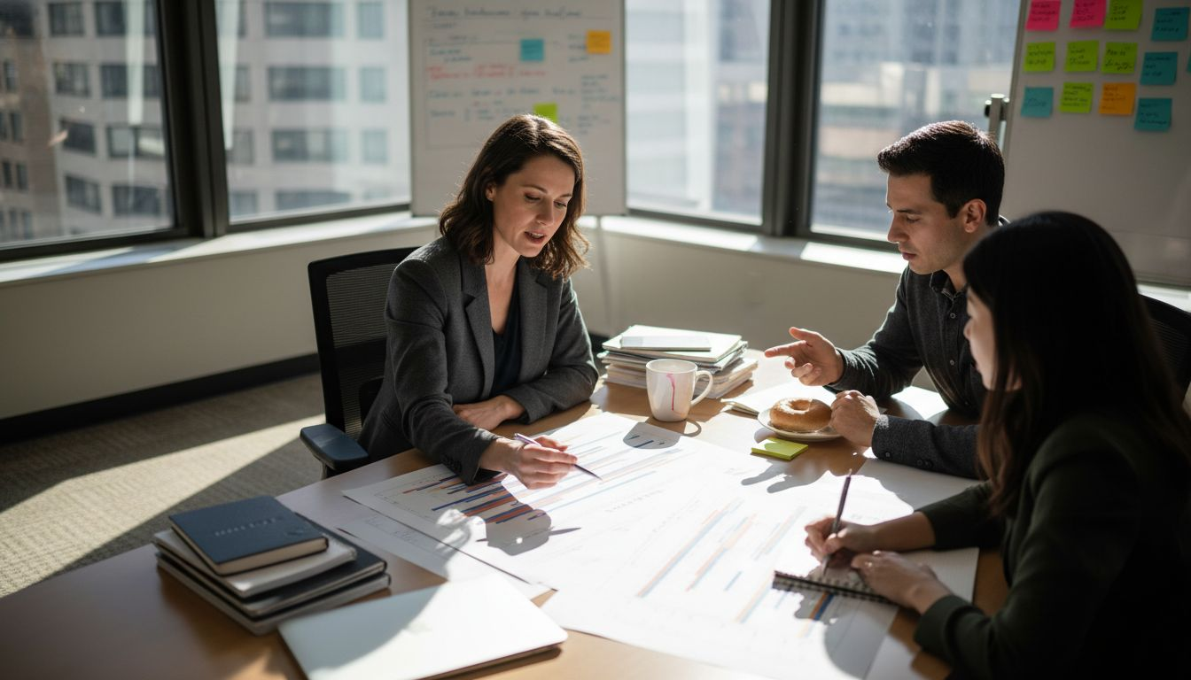 Team meeting discussing project workflow charts