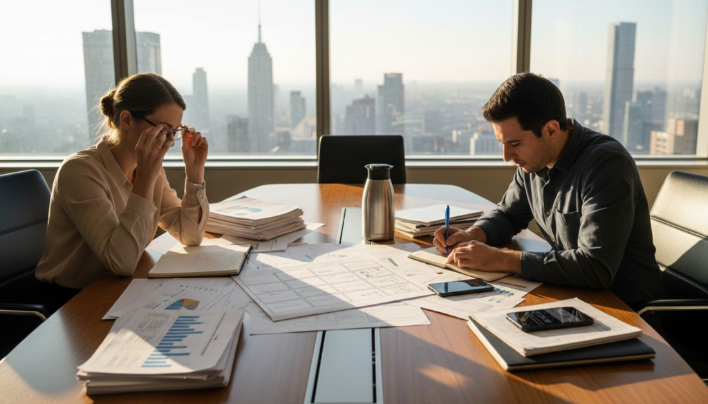 Two strategists review content notes at a table