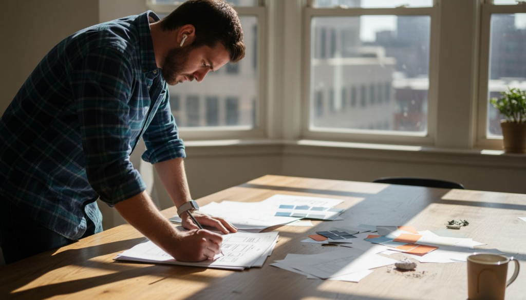 Web designer sketching wireframes in office