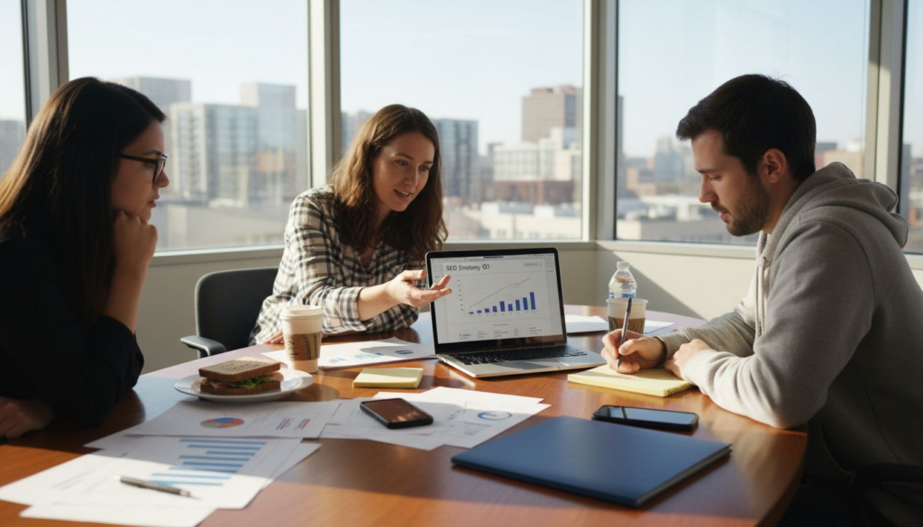 Startup team discussing SEO strategy at office table