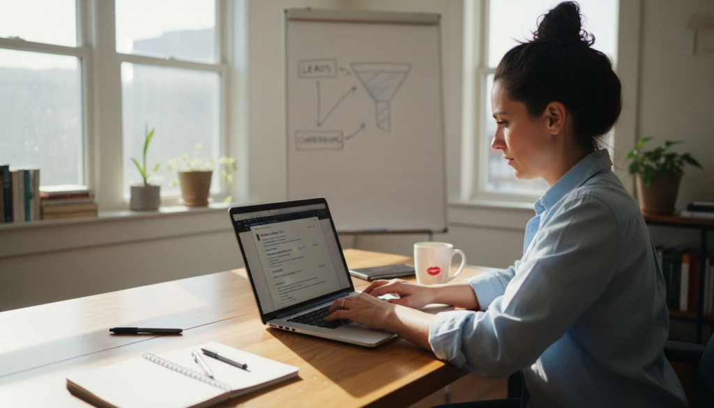 Marketer creating drip email campaign in bright office