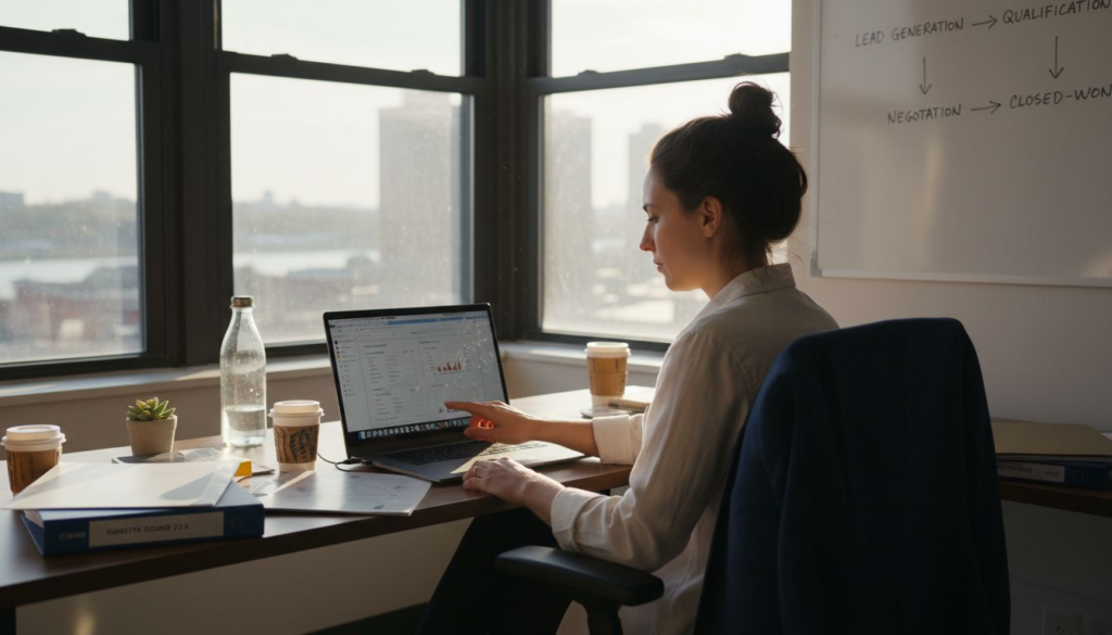 Founder at desk reviewing lead generation process