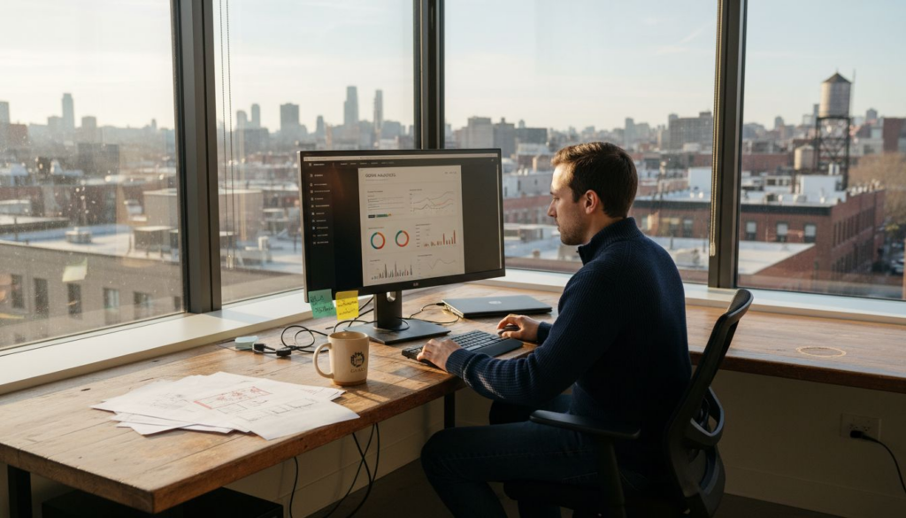 UI designer reviewing website dashboard scene