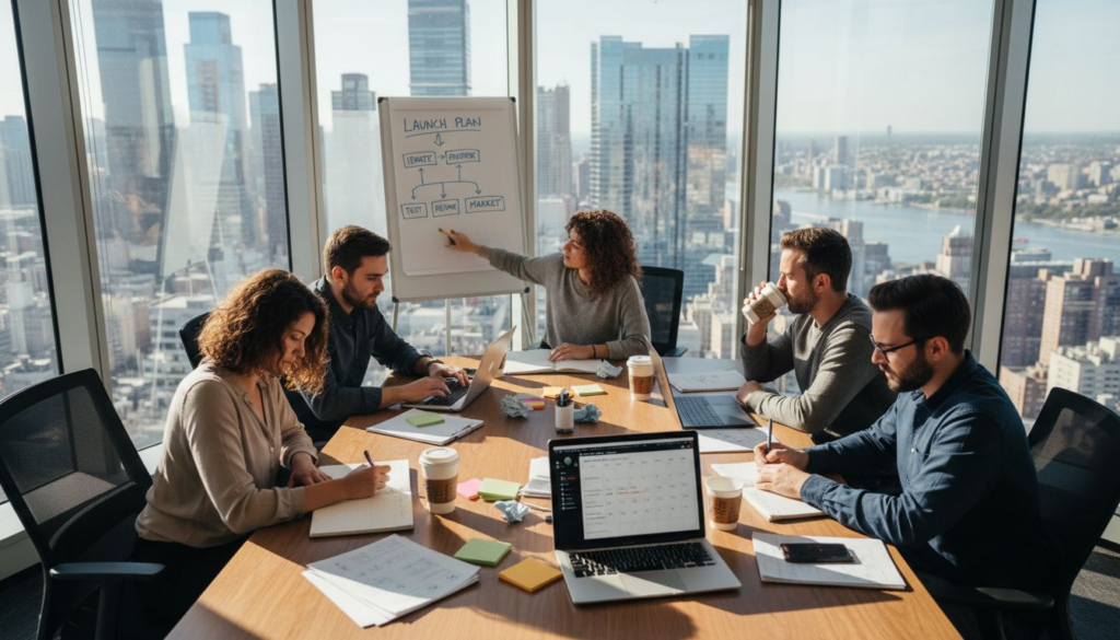 Startup founders brainstorming in sunny office