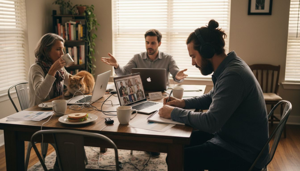 Professionals networking online from home offices