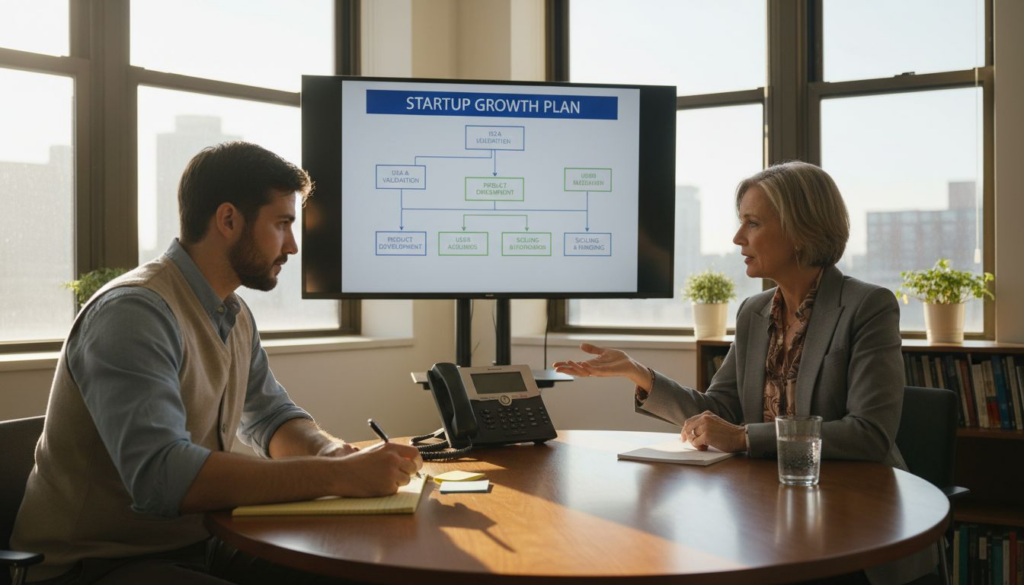 Tech founder meeting with business coach in office