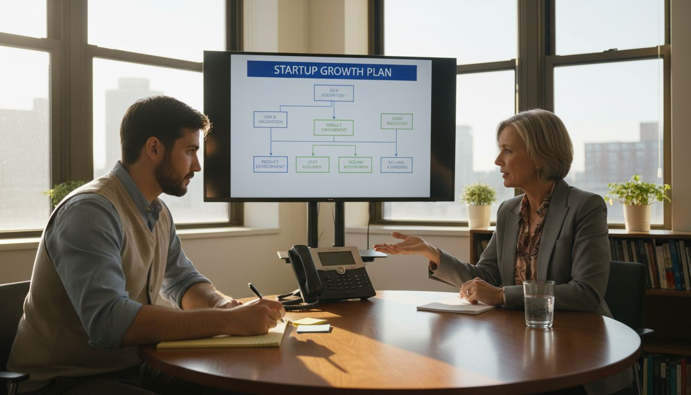 Tech founder meeting with business coach in office