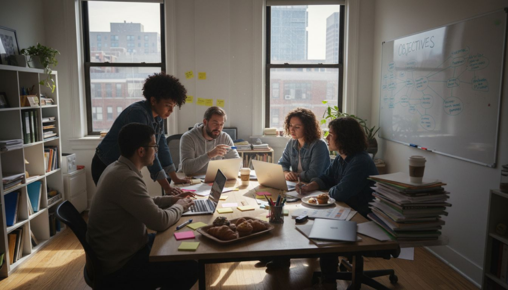 Startup team in office discussing communication
