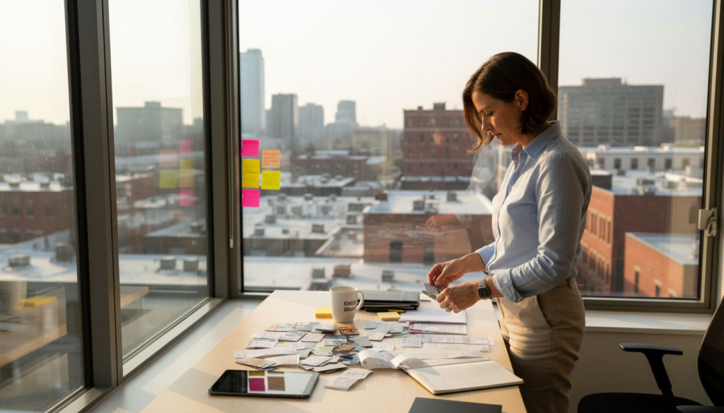 Small business owner sorting loyalty cards