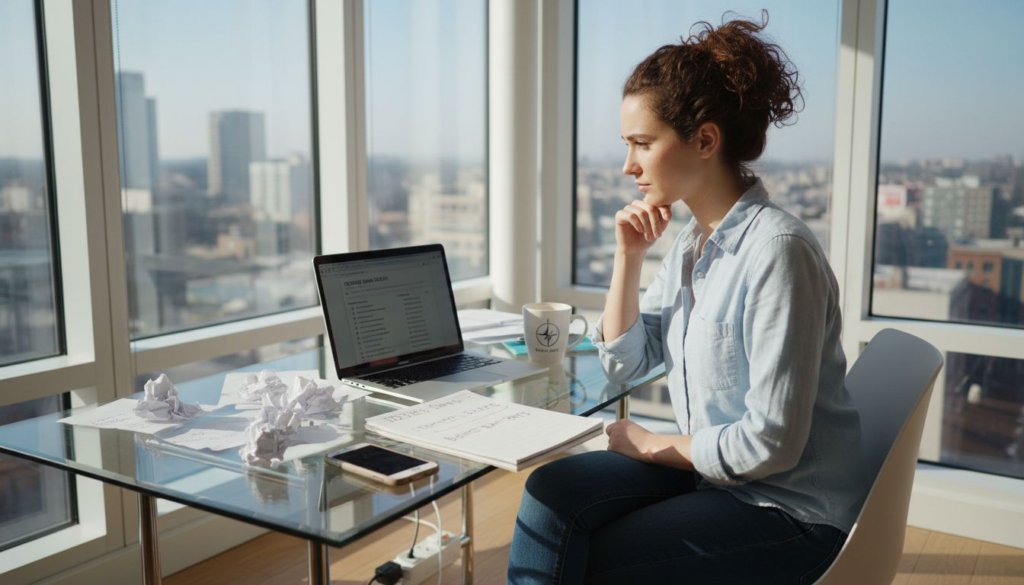 Entrepreneur choosing a domain name at desk