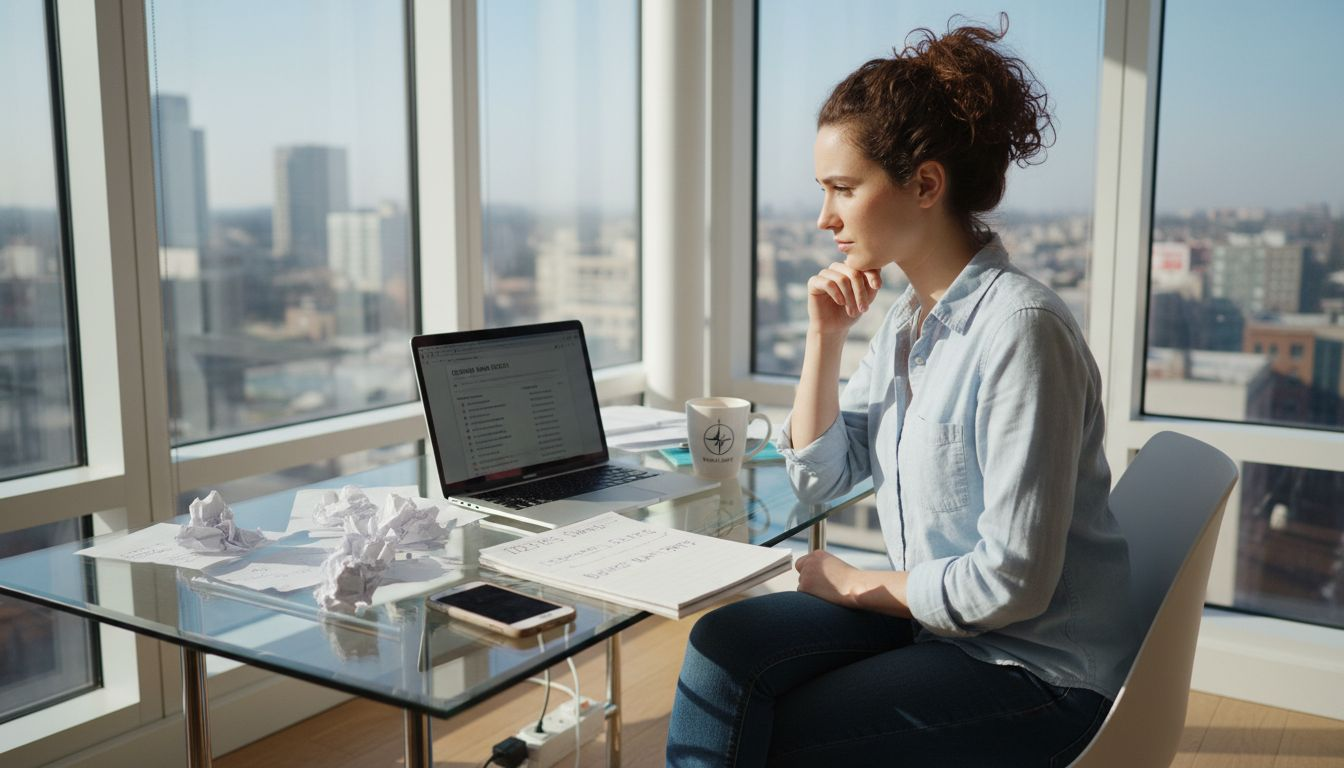 Entrepreneur choosing a domain name at desk