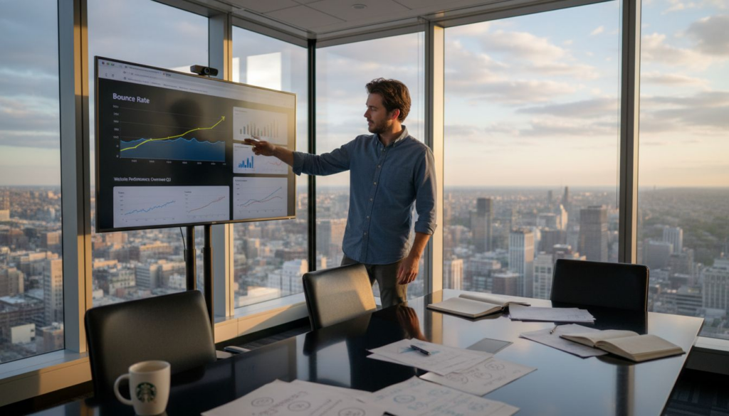 Team reviewing bounce rate analytics on screen