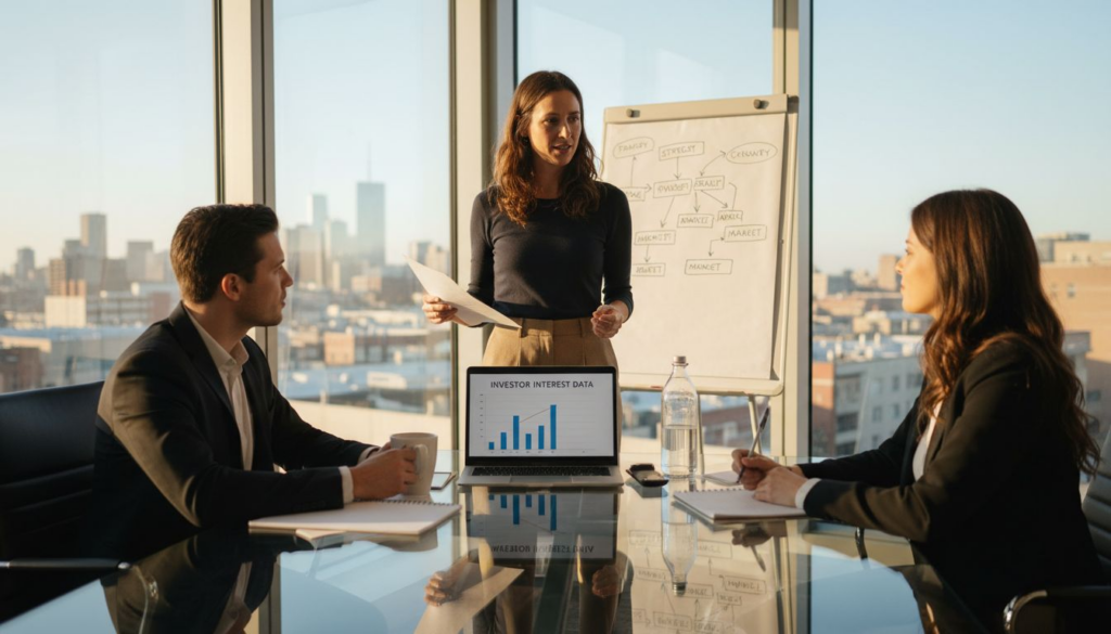 Founder pitching to investors in corner office